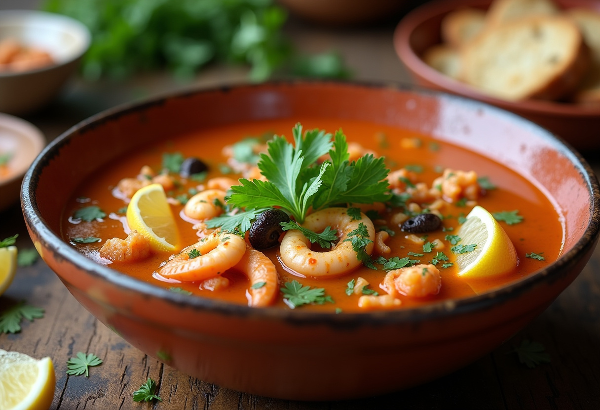 Sopa de pescado y marisco terminada, decorada con perejil y limón, lista para servir.