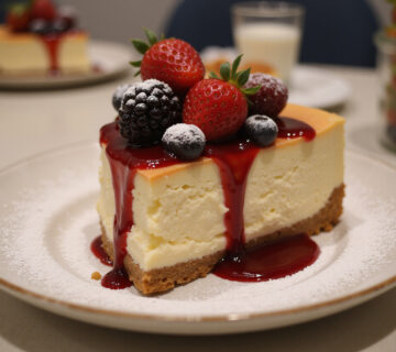 Delicious Tarta De Queso Sin Horno garnished with berries, ready to be served.