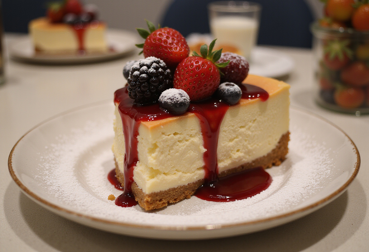 Delicious Tarta De Queso Sin Horno garnished with berries, ready to be served.