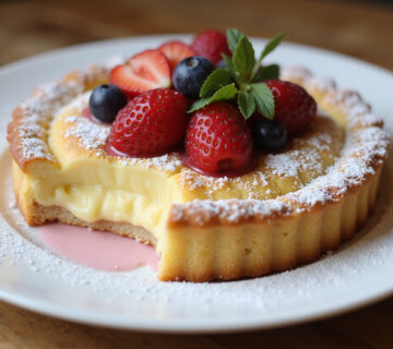 Tarta de Queso Thermomix dorada y decorada con frutos rojos, lista para servir como postre.