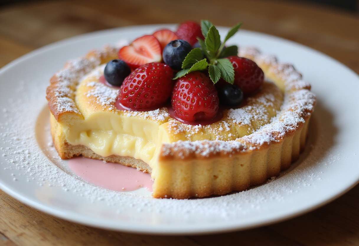 Tarta de Queso Thermomix dorada y decorada con frutos rojos, lista para servir como postre.