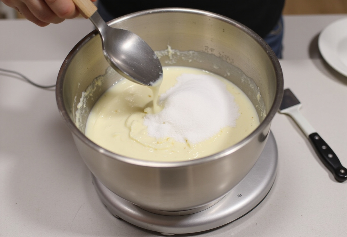 Queso crema y azúcar añadidos a la Thermomix para la receta de Tarta De Queso.