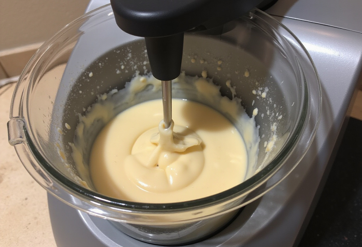 Thermomix mezclando la masa de tarta de queso para la tradicional Tarta De Queso española.