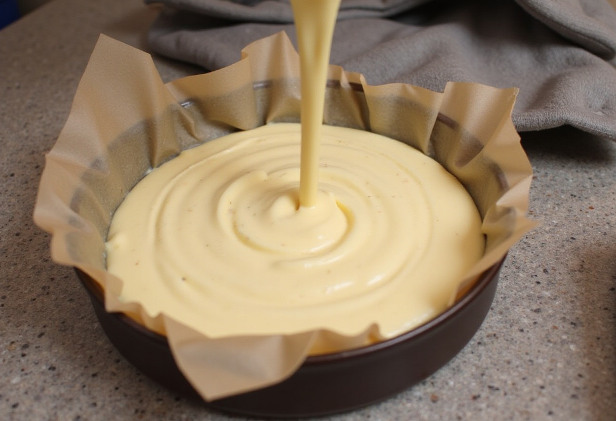 Masa de tarta de queso vertida en un molde para hornear para Tarta De Queso Thermomix.