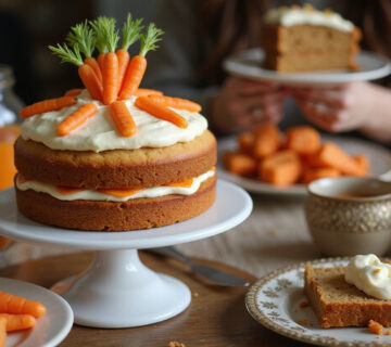 Tarta de Zanahorias con Thermomix decorada con glaseado de queso crema y zanahorias confitadas, lista para disfrutar.