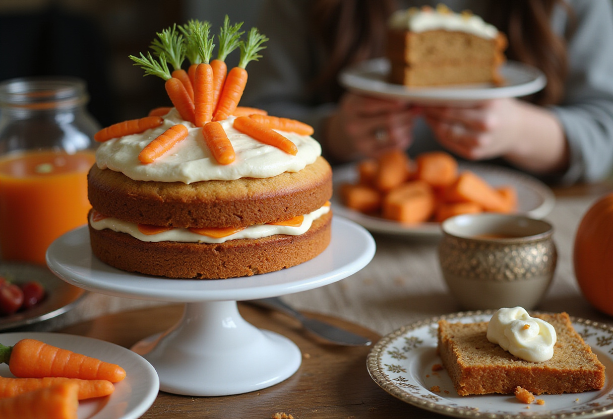 Tarta de Zanahorias con Thermomix decorada con glaseado de queso crema y zanahorias confitadas, lista para disfrutar.