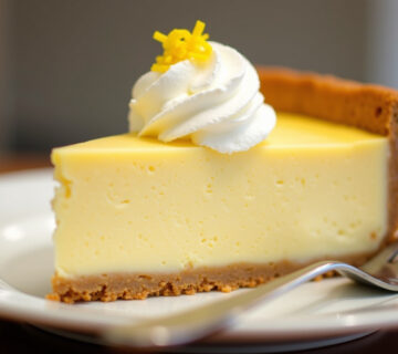 Rebanada de tarta de queso con crema de limón decorada con crema batida y ralladura de limón, lista para servir.