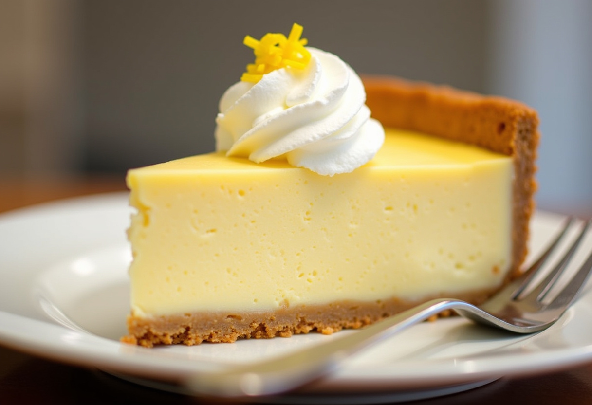Rebanada de tarta de queso con crema de limón decorada con crema batida y ralladura de limón, lista para servir.