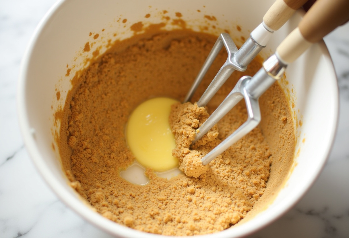 Mezcla de galletas graham y mantequilla derretida para la base de la tarta de queso con crema de limón.
