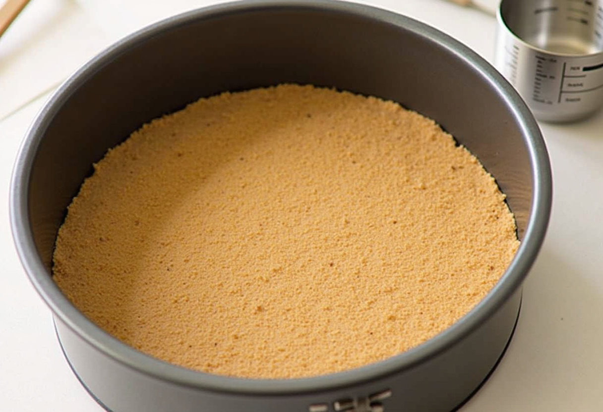 Base de galletas graham prensada en un molde desmontable para la tarta de queso con crema de limón.