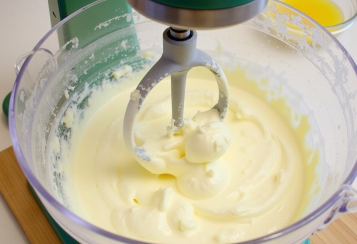 Mezcla cremosa de queso crema, azúcar y extracto de vainilla para el relleno de la tarta de queso con crema de limón.