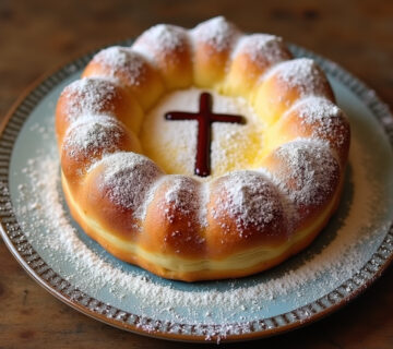 Tarta de Santiago terminada, decorada con azúcar glas y la cruz de Santiago, lista para servir.