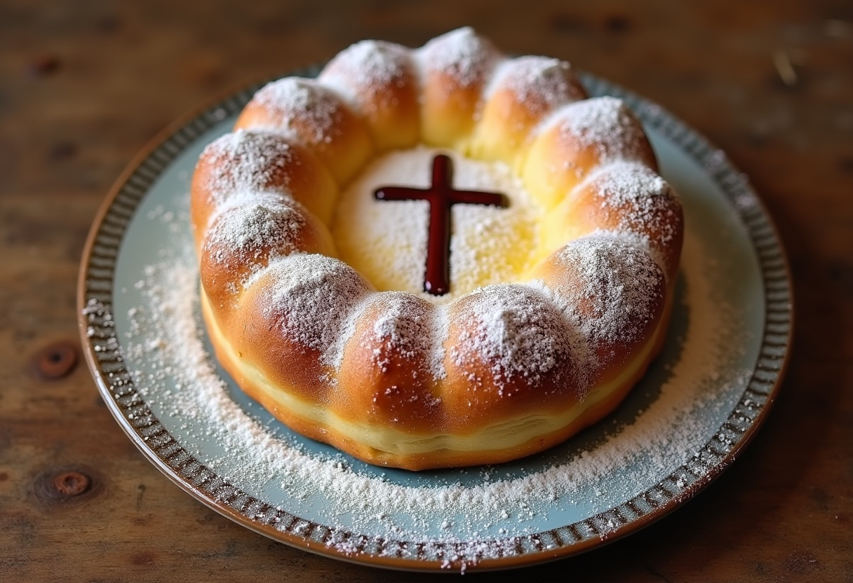 Tarta de Santiago terminada, decorada con azúcar glas y la cruz de Santiago, lista para servir.
