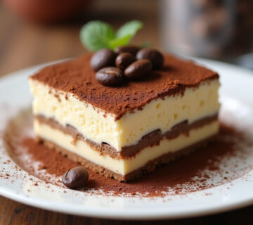 Delicious homemade Tiramisu with cocoa powder and coffee bean garnish.
