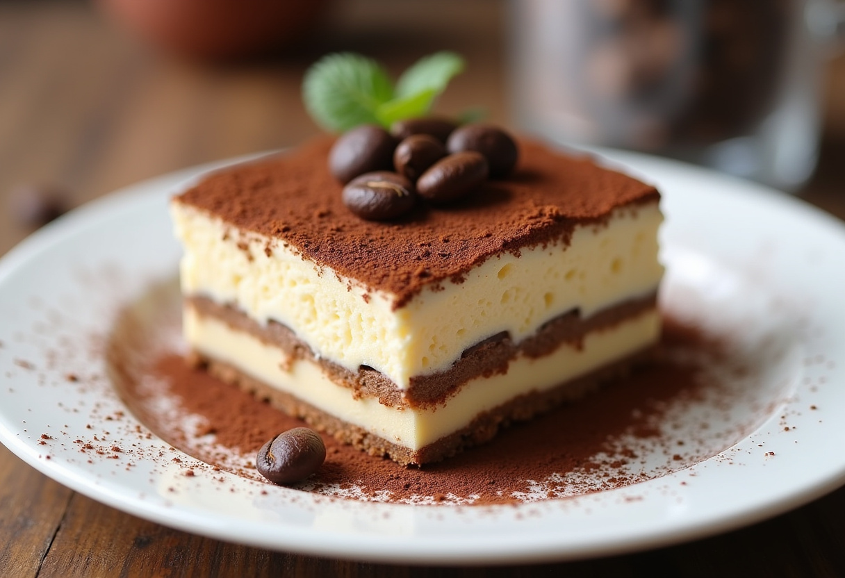 Delicious homemade Tiramisu with cocoa powder and coffee bean garnish.