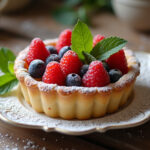 Tarta de hojaldre con frutas frescas y glaseado, lista para servir en una mesa rústica.
