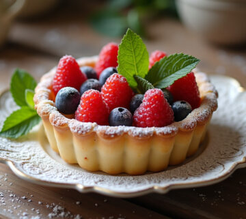 Tarta de hojaldre con frutas frescas y glaseado, lista para servir en una mesa rústica.