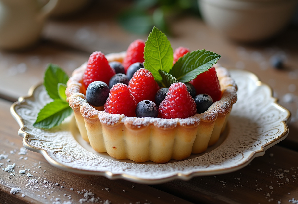 Tarta de hojaldre con frutas frescas y glaseado, lista para servir en una mesa rústica.