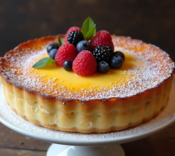 Tarta de queso manchego terminada, decorada con frutas frescas y azúcar glas.