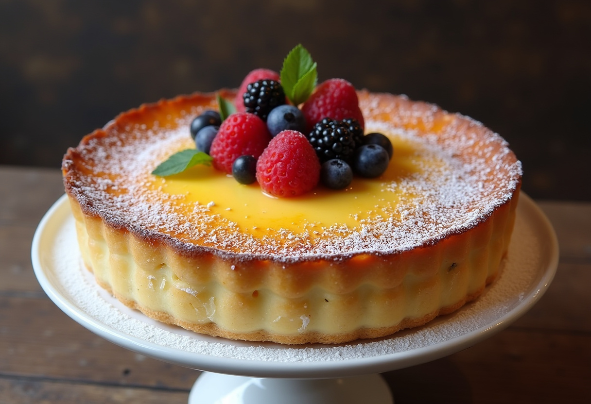 Tarta de queso manchego terminada, decorada con frutas frescas y azúcar glas.