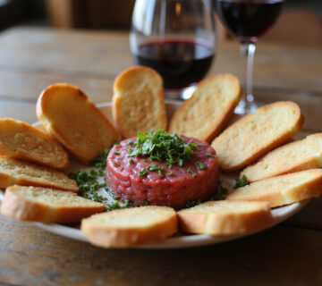 Finished fuet tartar with toast points, ready to eat. A delicious snack.