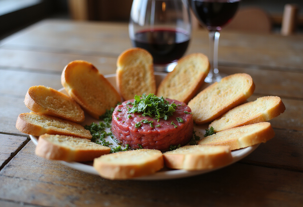 Finished fuet tartar with toast points, ready to eat. A delicious snack.
