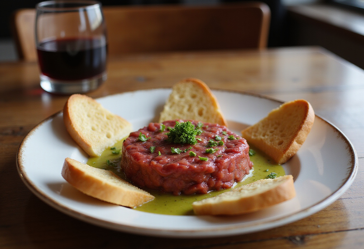 Finished fuet tartar with toast points, ready to eat. A delicious snack.