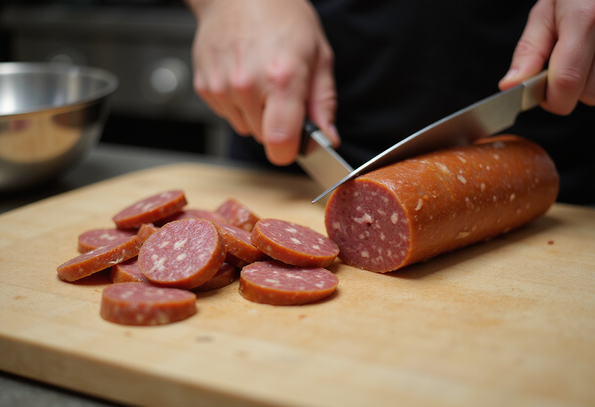 Dicing fuet sausage on a cutting board for a tartar recipe.