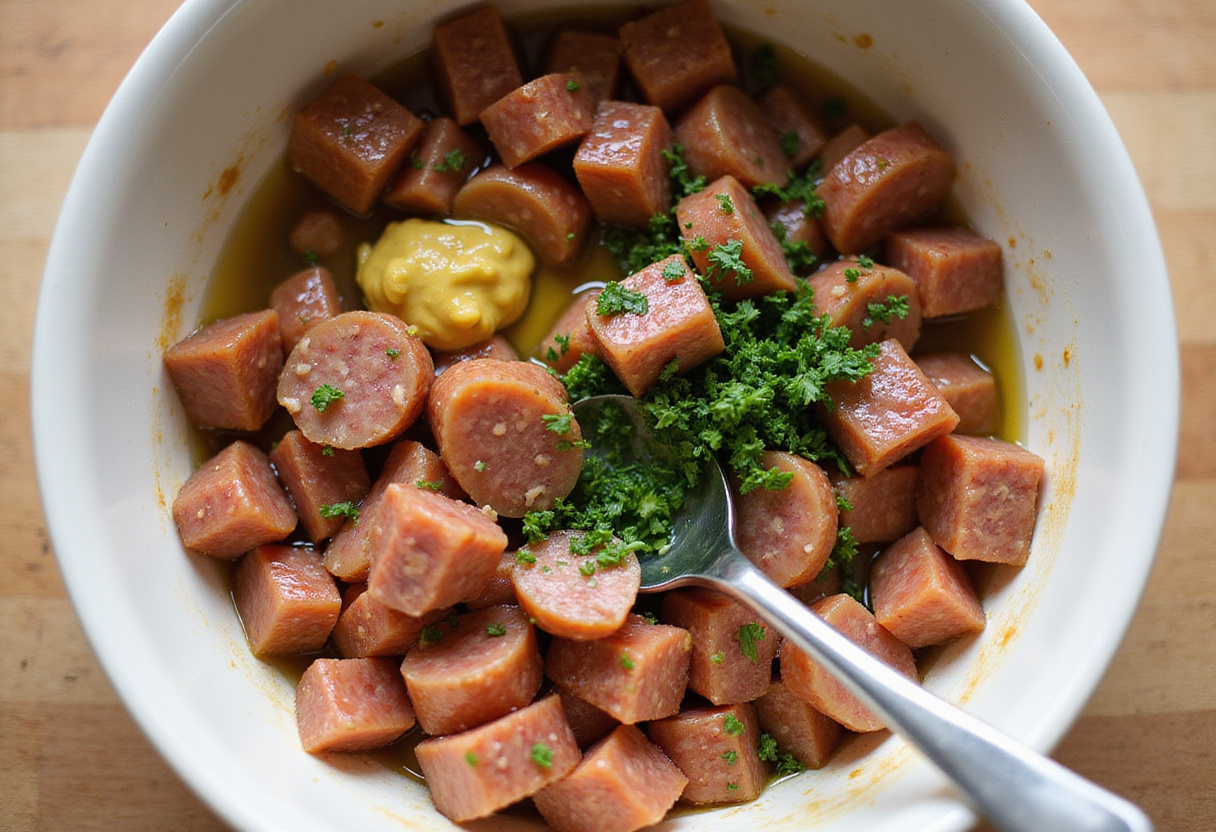 Combining diced fuet with olive oil, mustard, and parsley for fuet tartar.