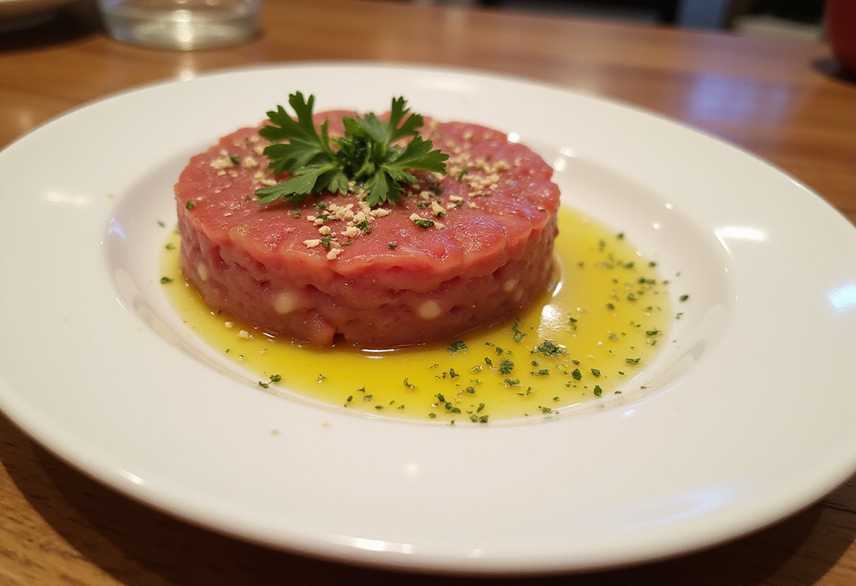 Garnishing fuet tartar with parsley and olive oil before serving.