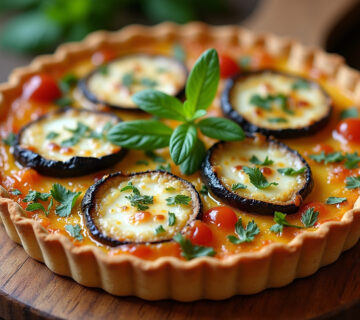 Tartaleta vegetariana de berenjena y queso de cabra, dorada y decorada con hierbas frescas, lista para servir.