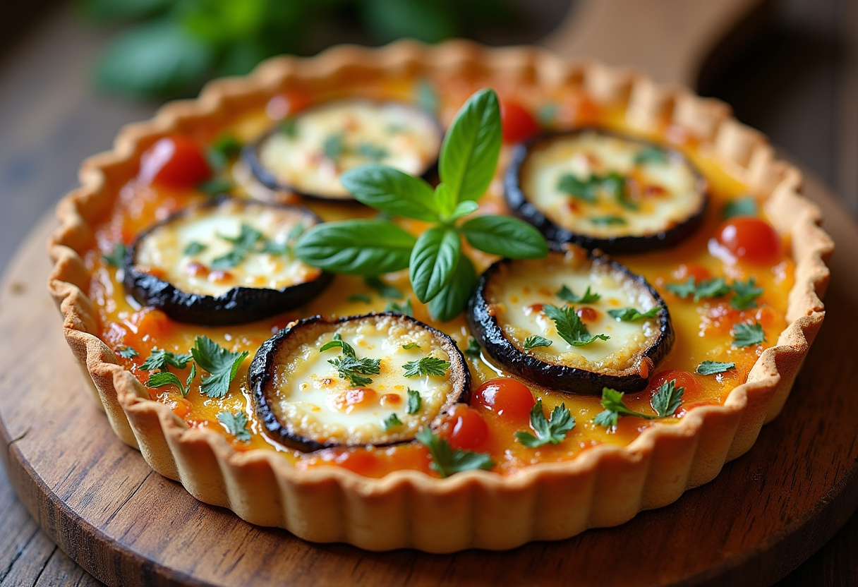 Tartaleta vegetariana de berenjena y queso de cabra, dorada y decorada con hierbas frescas, lista para servir.