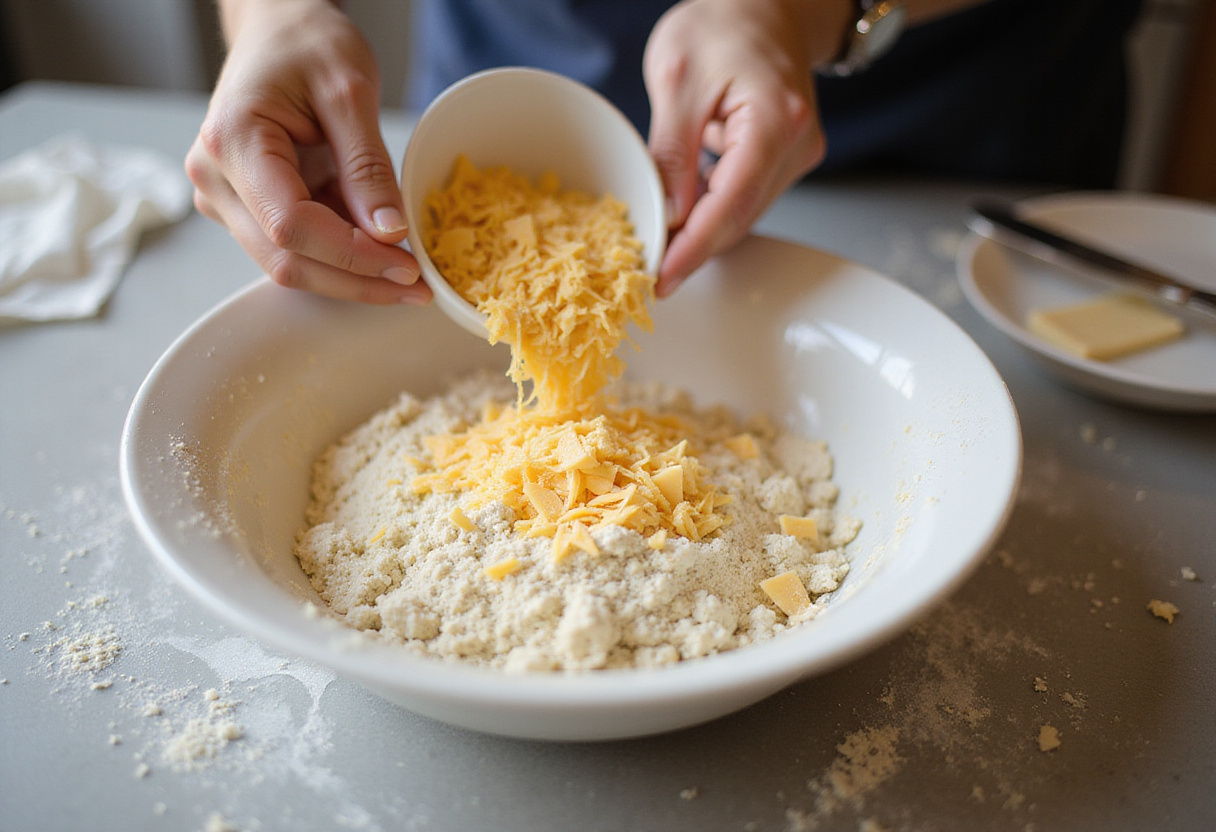 Adding fresh cheese to dry ingredients for traditional Pan De Bono.