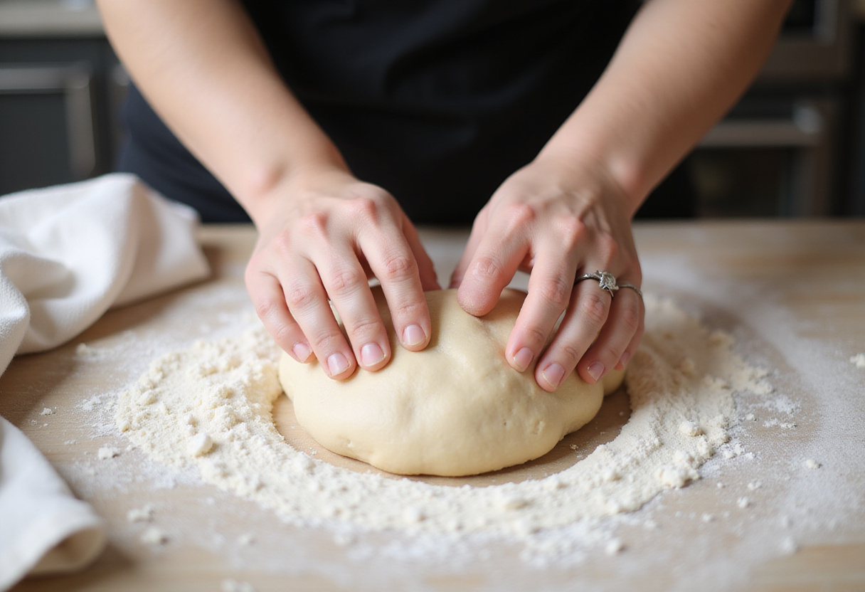 Kneading Pan De Bono dough on a kitchen surface.