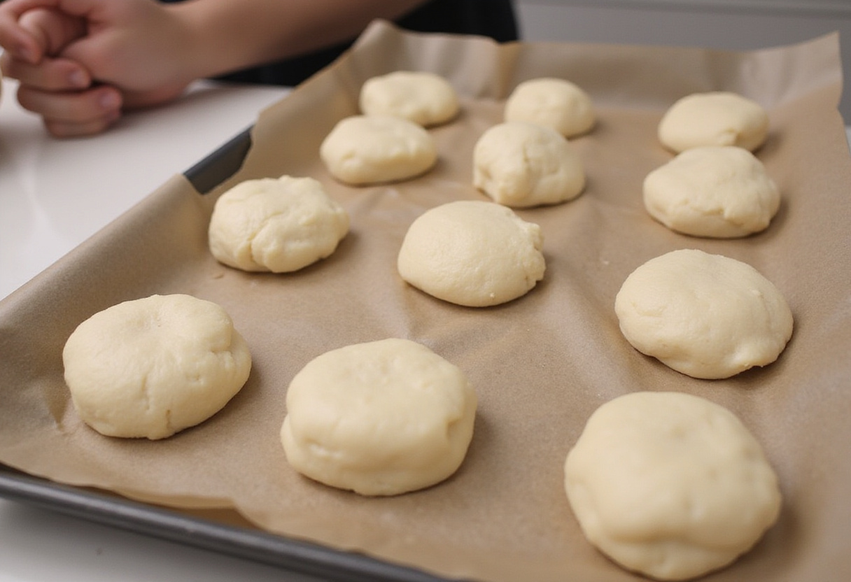 Forming and placing Pan De Bono buns on baking sheet.