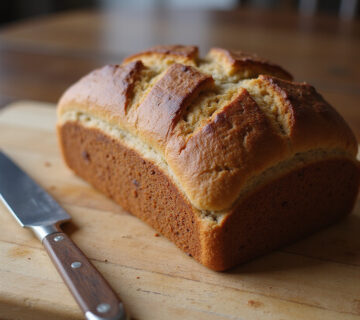 Freshly baked Rye bread loaf ready to slice.