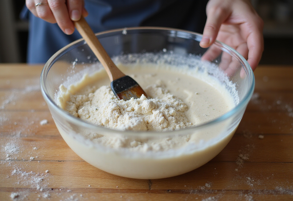 Preparing poolish for Pan De Cristal recipe on a kitchen counter.