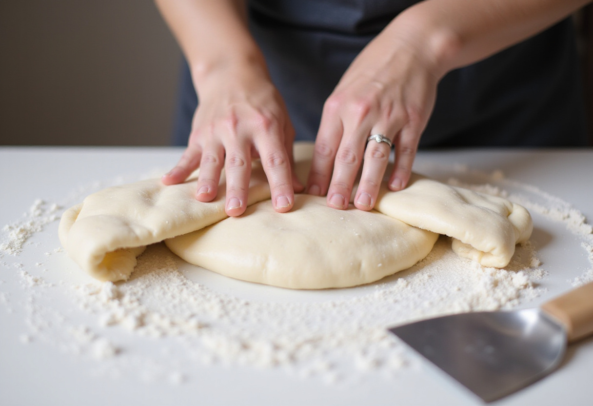 Folding high-hydration dough for Pan De Cristal to develop structure.