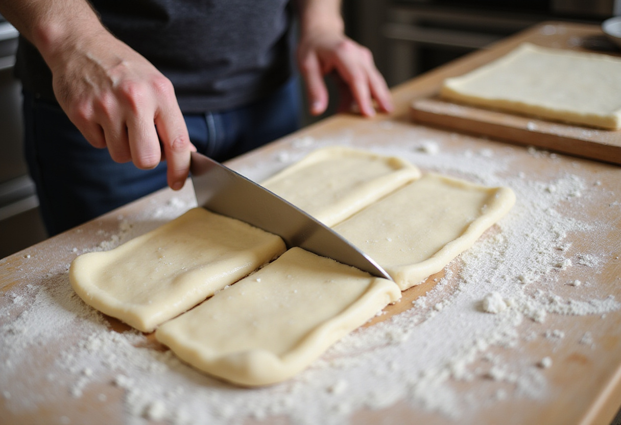 Dividing delicate Pan De Cristal dough into portions on a floured counter.