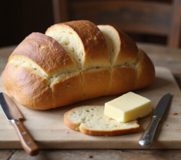 Freshly baked Pan de Trigo Sarraceno slices with butter, ready to eat.