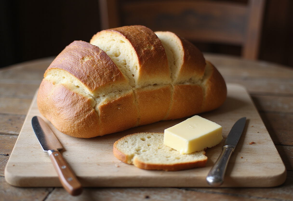 Freshly baked Pan de Trigo Sarraceno slices with butter, ready to eat.