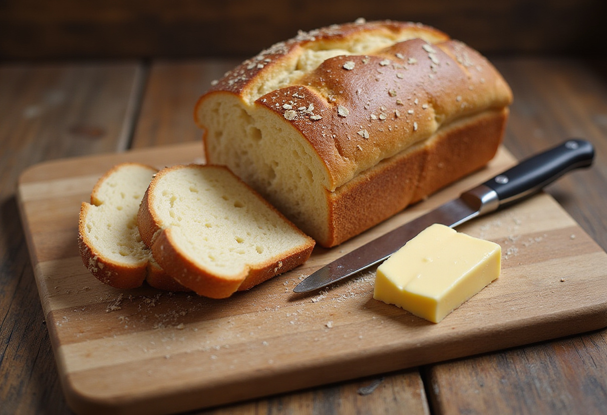 Freshly baked Pan de Trigo Sarraceno slices with butter, ready to eat.