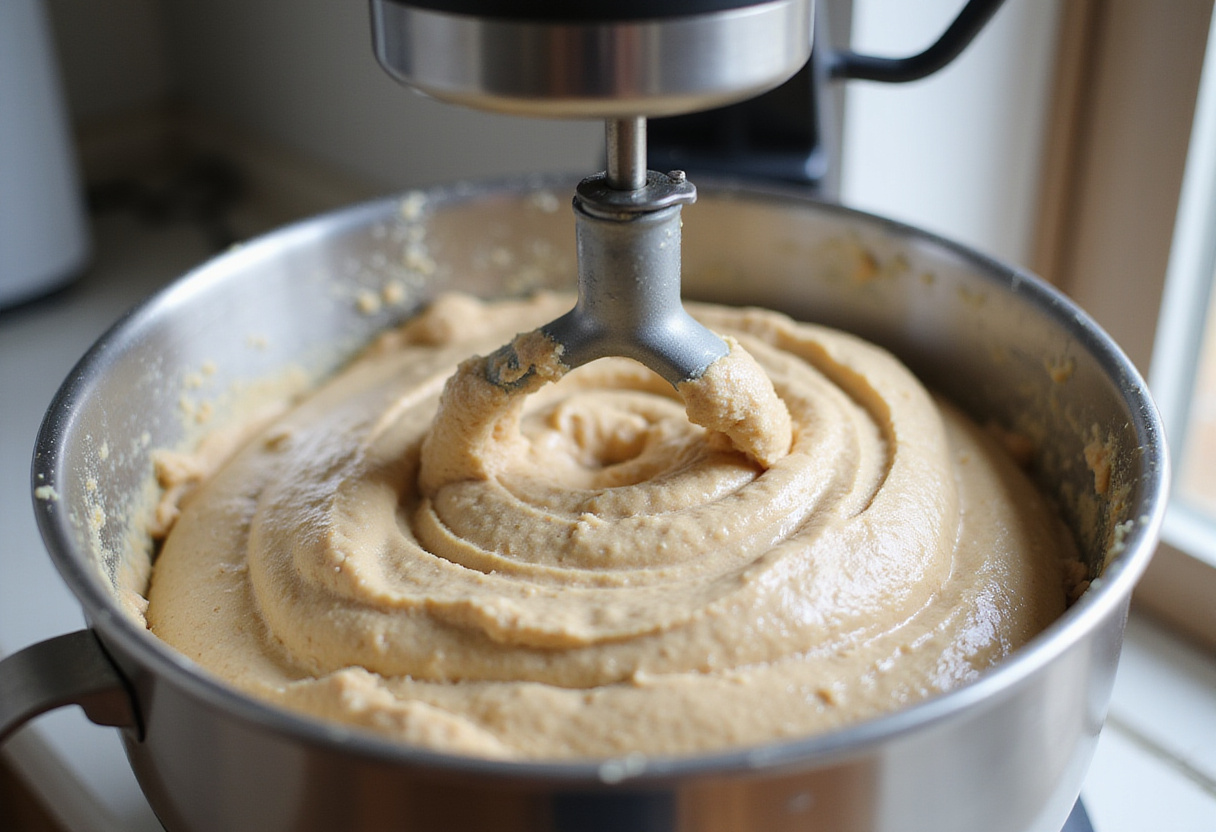 Buckwheat bread dough being mixed in a stand mixer.