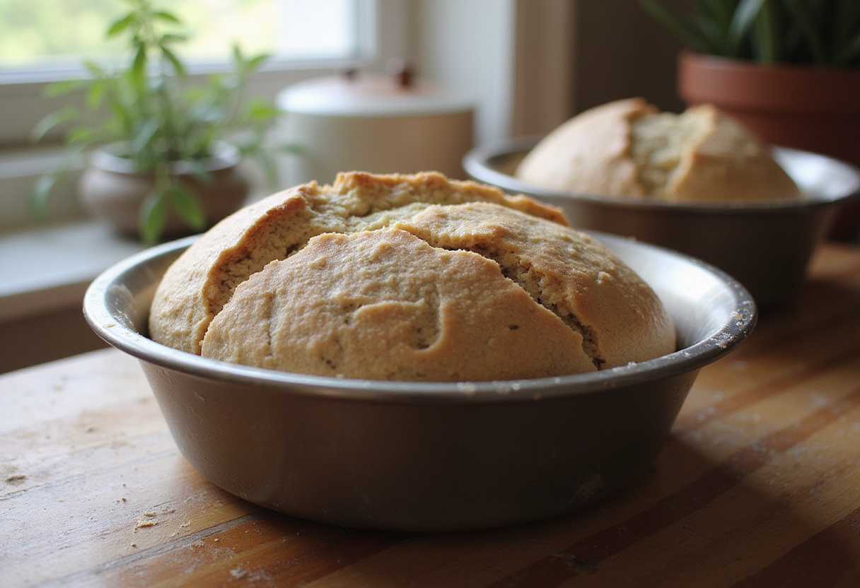 Buckwheat bread dough rising in a loaf pan.