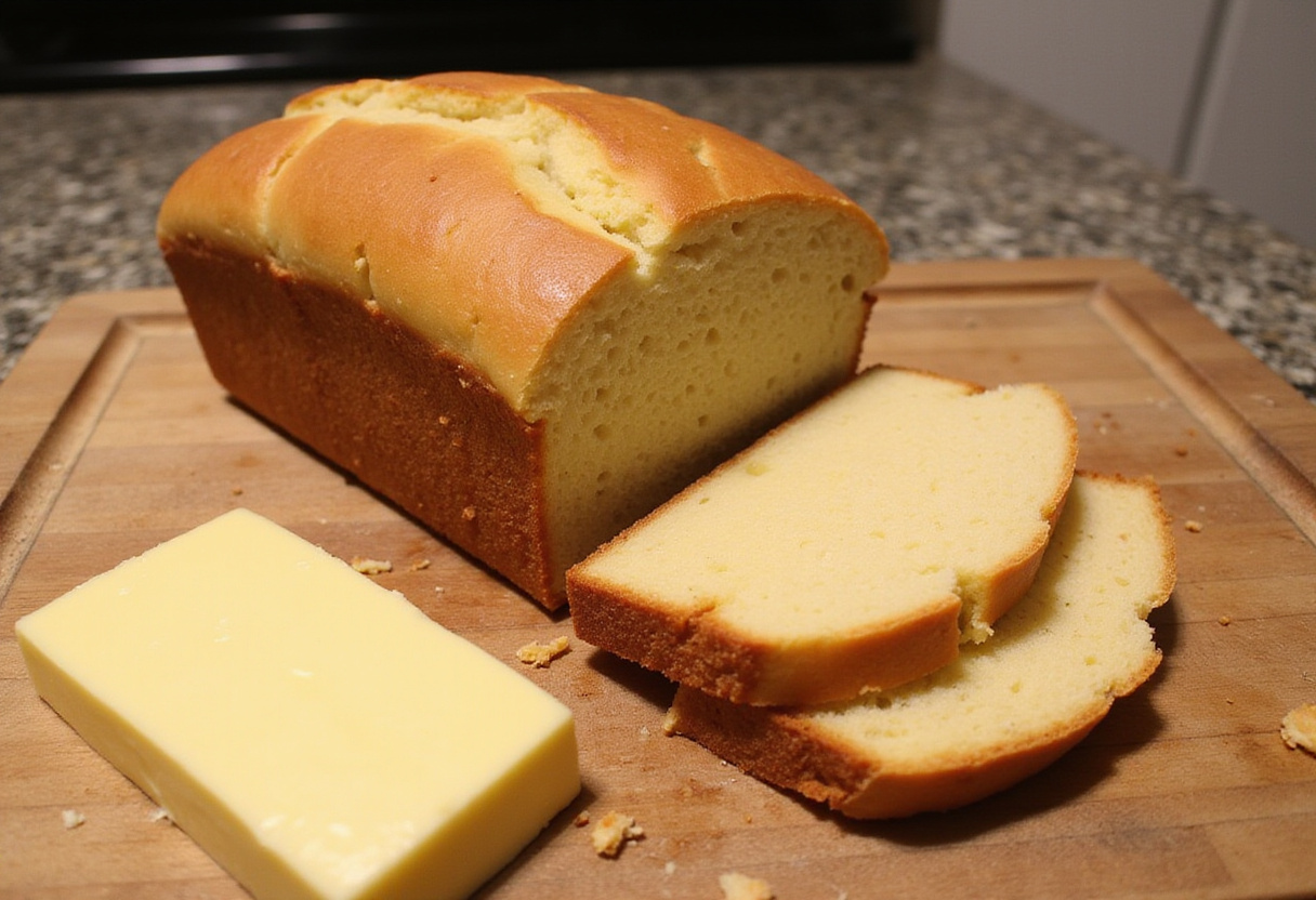 Freshly baked sliced Keto Bread with butter, ready to eat.