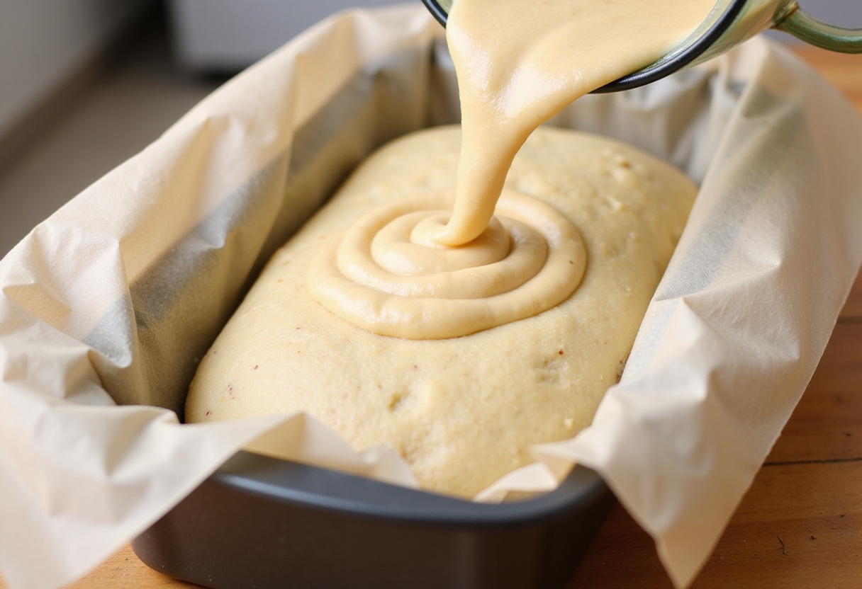 Keto Bread dough being poured into a parchment-lined loaf pan.