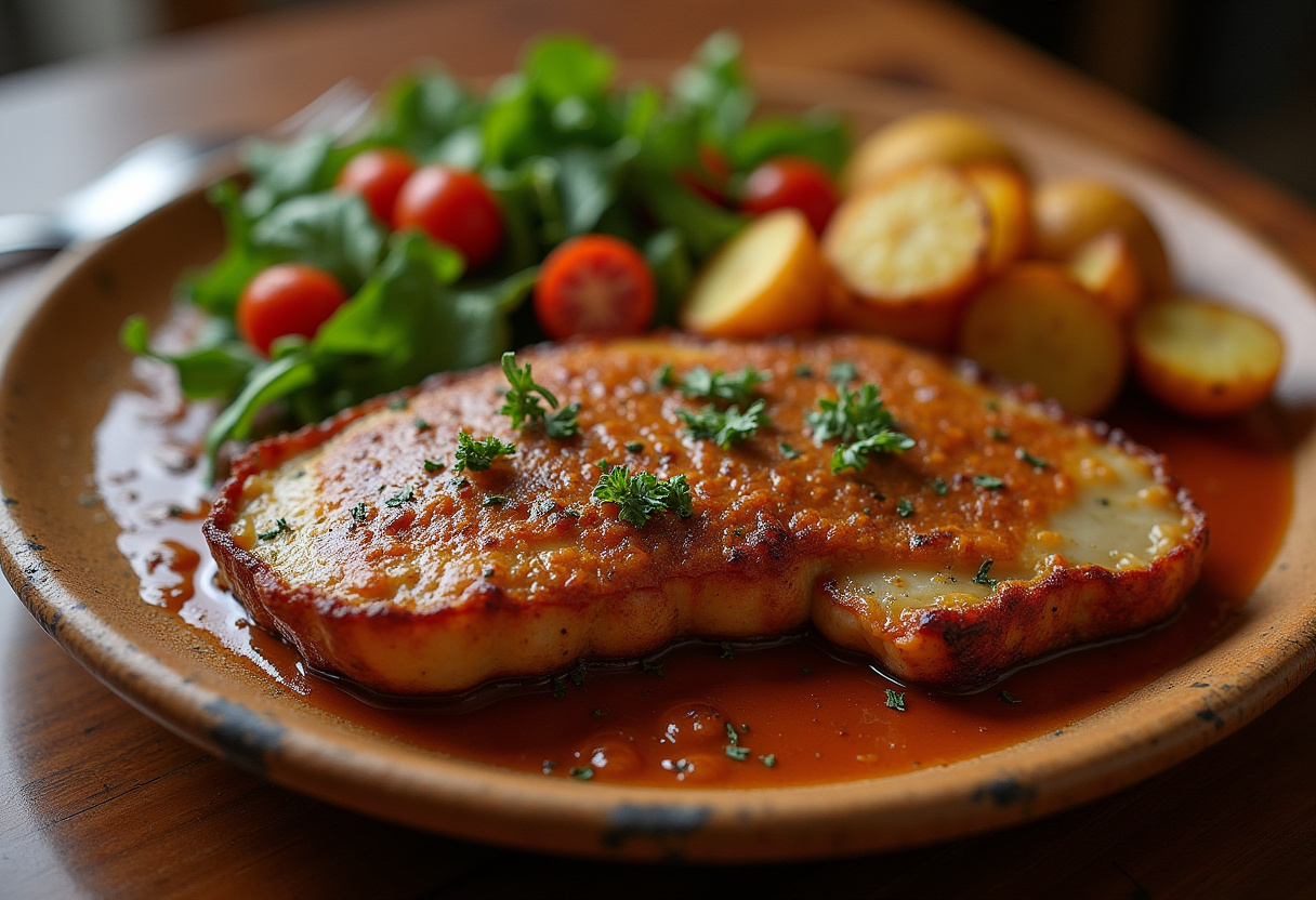 Plato final de Truchas a la navarra, servidas con patatas asadas y ensalada, listas para disfrutar.