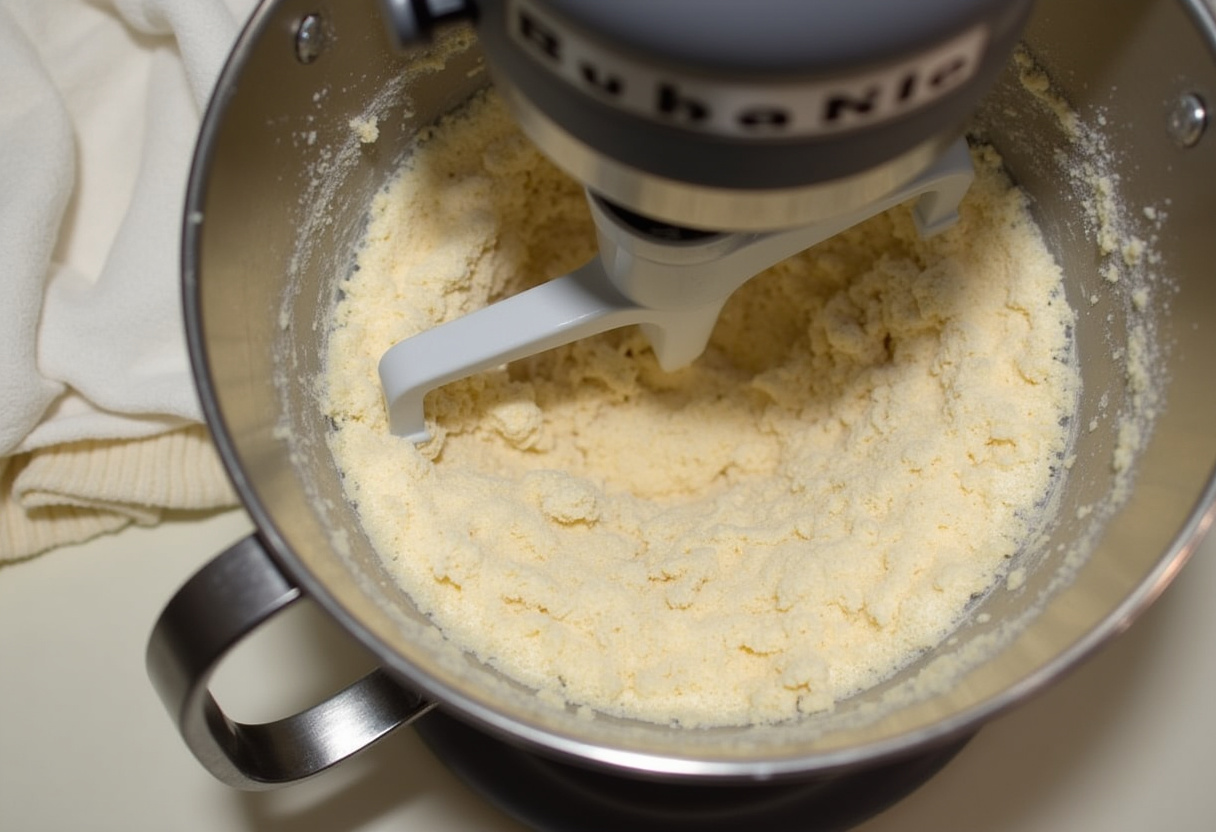 Mezclando ingredientes para pan de trigo sarraceno en una batidora de pie.