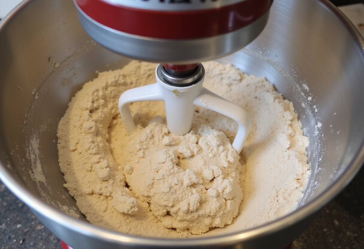 Mixing whole wheat bread dough in a stand mixer.