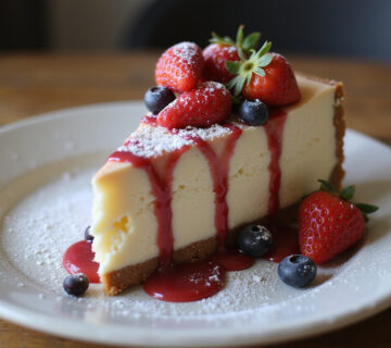 Delicious slice of homemade no-bake cheesecake garnished with fresh berries.
